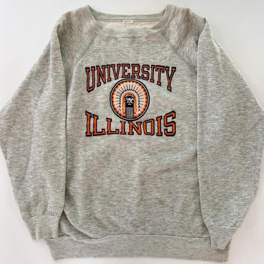 Vintage University of Illinois Sweatshirt Grey Flock‎ Print Raglan Mens Large